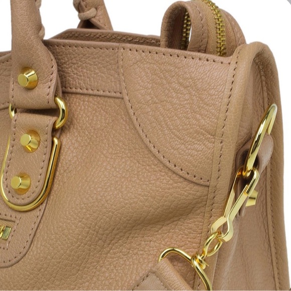 Auth Balenciaga City Bag medium Metallic edge Beige Chèvre Gold strap Mirror - Picture 3 of 12